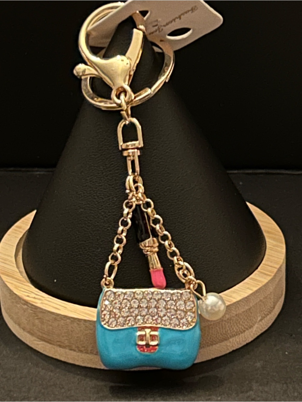 PREMIUM Crystal Turquoise Enamel Handbag Charm Keychain w/Pink Lipstick & Pearl